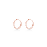 Fine jewellery, silver jewellery plated with rose gold, hypoallergenic, tarnish-free, close up left view of a pair of Rose gold hoop earrings on a white background